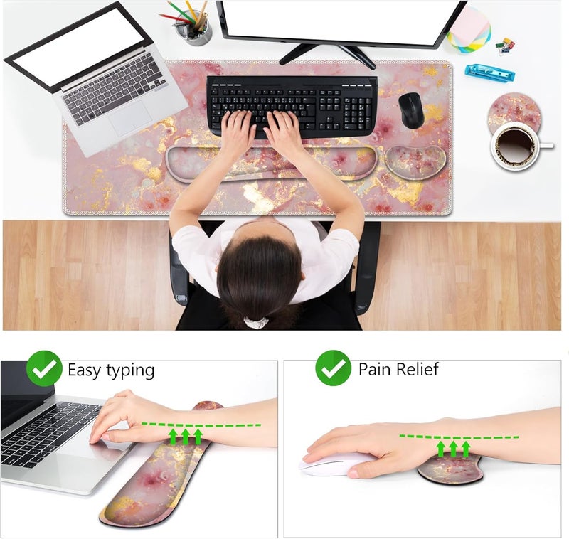 AIMSA Keyboard Mouse Pad Set, Large Gaming Mouse Pad +Wrist Rest Mouse Pad +Keyboard Wrist Support +Coaster, 35x15.7 inch Extended Desk Mat for Easy Typing Pain Relief (Pink Gilt Marble) - Image 3